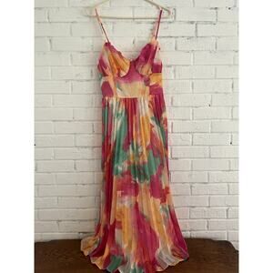 Flying Tomato Maxi Dress Large Pink Orange Pleated Adjustable Strap Boho